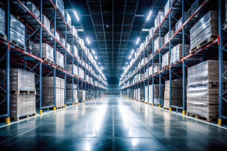 Huge distribution warehouse with high shelves, bright led lights, future production. Generative AI